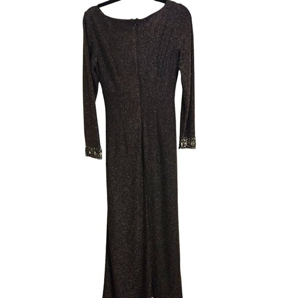 Patra By Joanna Chen Gold Shimmer Ruched Bodice Long Sleeve Maxi Dress Size 6 - Picture 2 of 6